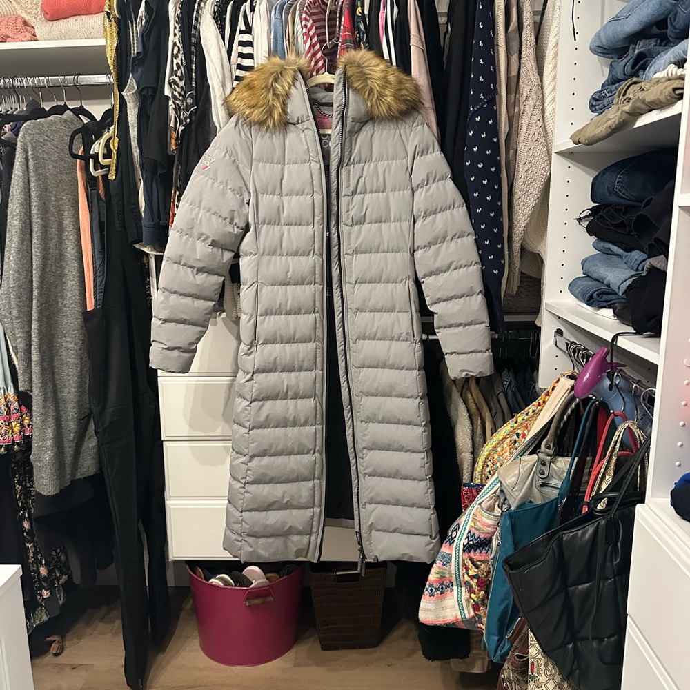 Superdry Gray Puffer Coat with Faux Fur Collar